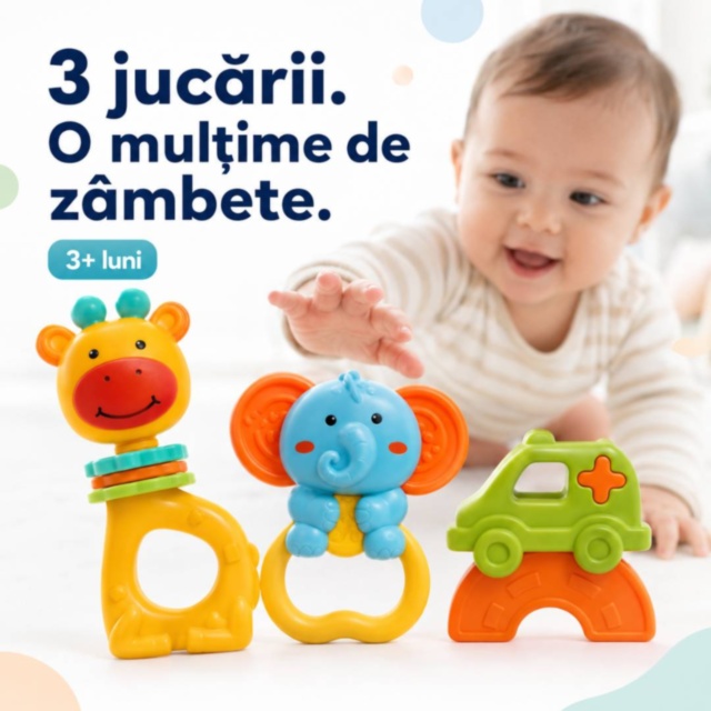 Set 3 zornăitori pentru bebeluși cu girafă, elefant și mașinuță