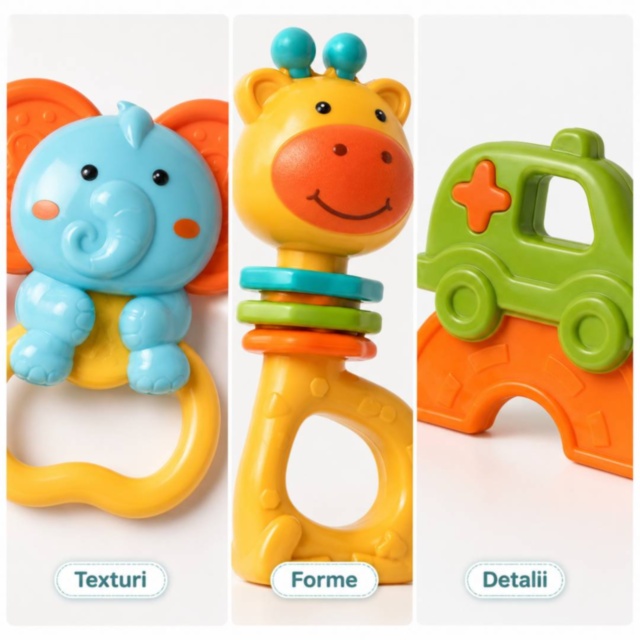 Set 3 zornăitori pentru bebeluși cu girafă, elefant și mașinuță