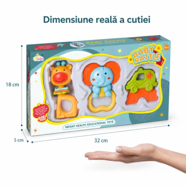 Set 3 zornăitori pentru bebeluși cu girafă, elefant și mașinuță
