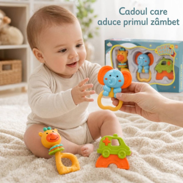 Set 3 zornăitori pentru bebeluși cu girafă, elefant și mașinuță