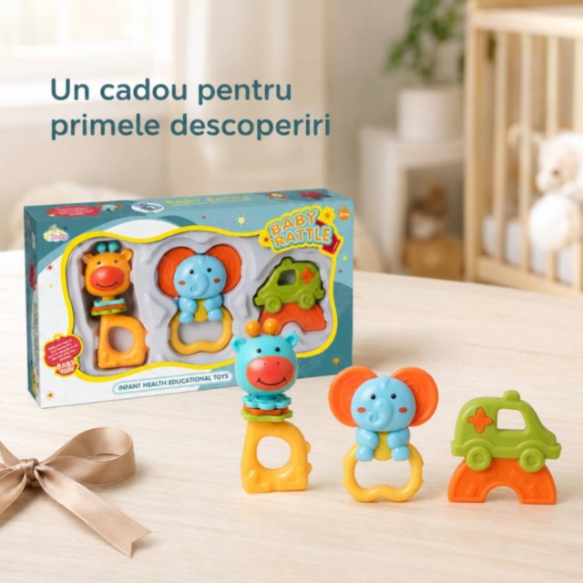 Set 3 zornăitori pentru bebeluși cu girafă, elefant și mașinuță
