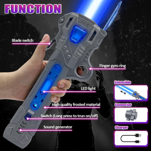 Sabie Telescopică cu Lumini Colorate și Sunete – Baterie Reîncărcabilă USB