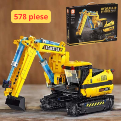 Excavator Hidraulic de Asamblat – 578 Piese, Macara STEM cu Mișcări Reale | image