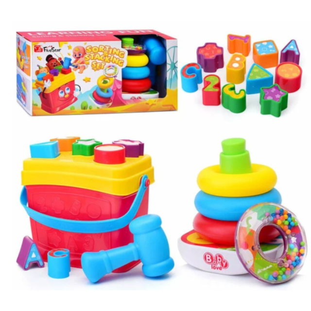 Set Educativ 2 în 1: Sortator de Forme și Piramidă cu Inele