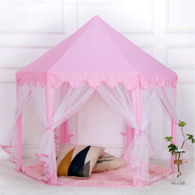 Căsuță de Joacă Tip Cort Roz pentru Copii, Design de Castel cu Plasă și Decor de Prințesă