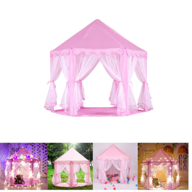 Căsuță de Joacă Tip Cort Roz pentru Copii, Design de Castel cu Plasă și Decor de Prințesă