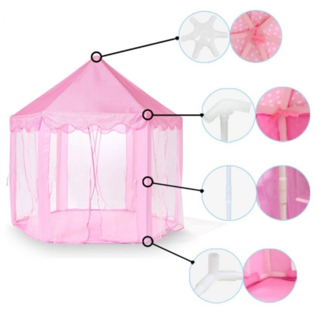Căsuță de Joacă Tip Cort Roz pentru Copii, Design de Castel cu Plasă și Decor de Prințesă