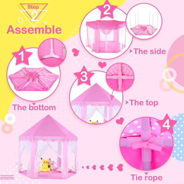 Căsuță de Joacă Tip Cort Roz pentru Copii, Design de Castel cu Plasă și Decor de Prințesă