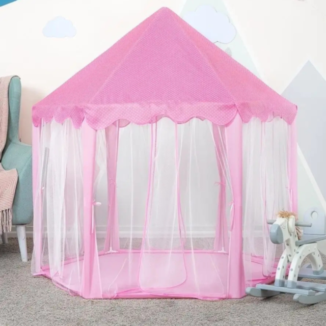 Căsuță de Joacă Tip Cort Roz pentru Copii, Design de Castel cu Plasă și Decor de Prințesă