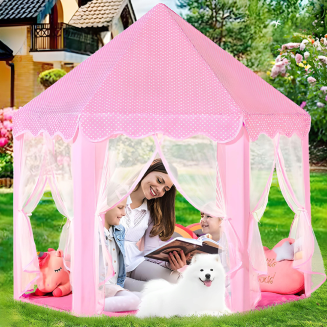 Căsuță de Joacă Tip Cort Roz pentru Copii, Design de Castel cu Plasă și Decor de Prințesă