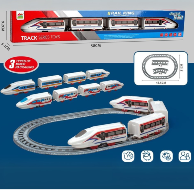 Trenuleț Electric pe Șine – Set cu Locomotivă și Vagoane, Lungime 58 cm