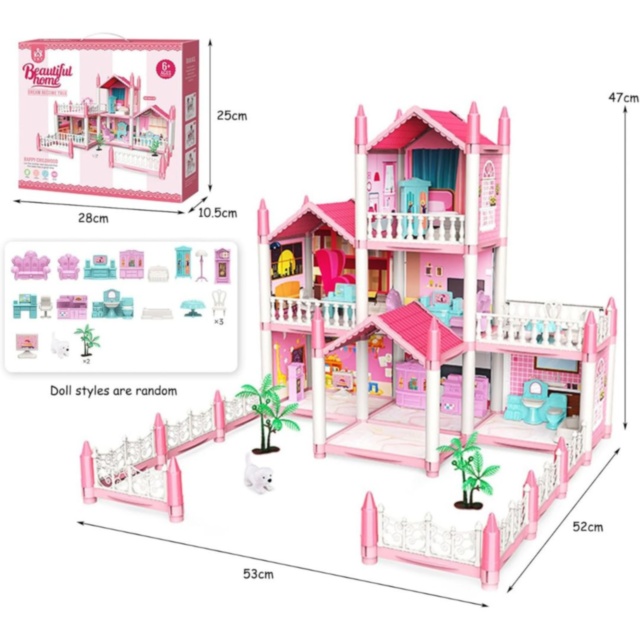 Casă De Păpuși Mare Castel Roz Cu Mobilier