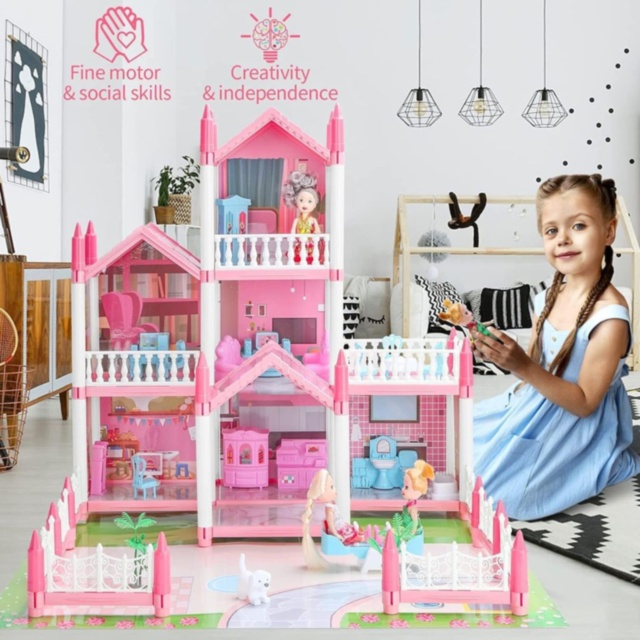 Casă De Păpuși Mare Castel Roz Cu Mobilier