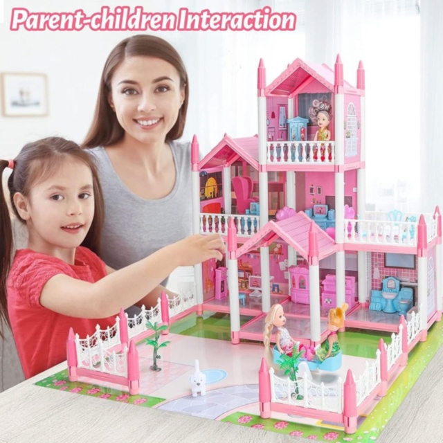 Casă De Păpuși Mare Castel Roz Cu Mobilier