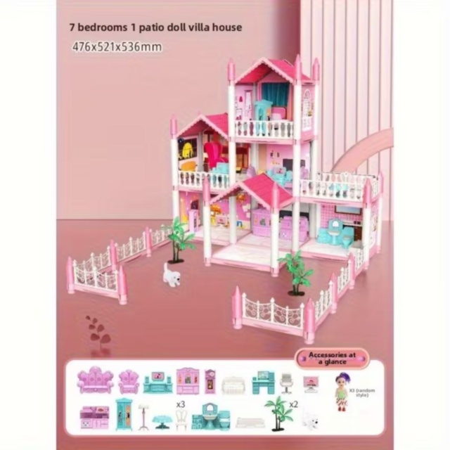 Casă De Păpuși Mare Castel Roz Cu Mobilier