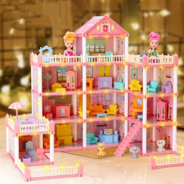 Casă de păpuși vilă roz 4 etaje, 245 piese
