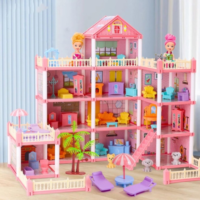Casă de păpuși vilă roz 4 etaje, 245 piese