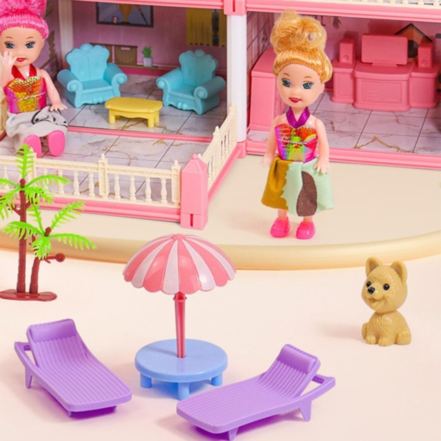 Casă de păpuși vilă roz 4 etaje, 245 piese