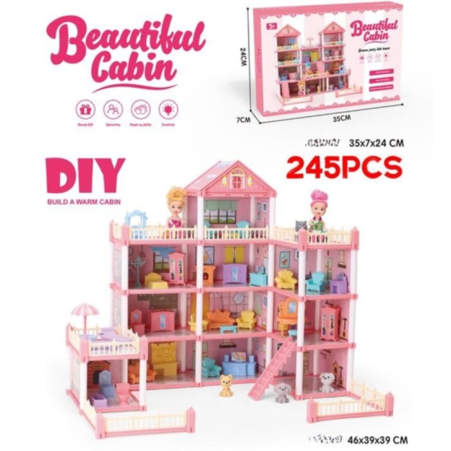 Casă de păpuși vilă roz 4 etaje, 245 piese