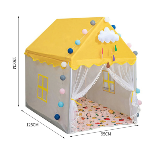 Căsuță de Joacă pentru Copii, Tip Căsuță Galbenă cu Ferestre și Draperii, Design de Poveste