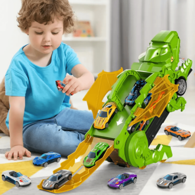 T-Rex Transportator cu 4 Mașinuțe Metalice – Dinozaur Transformabil (culoare aleatorie)  