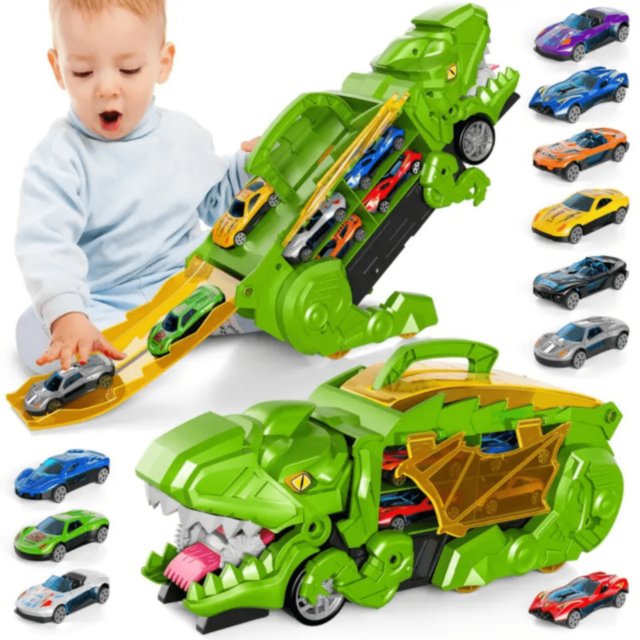 T-Rex Transportator cu 4 Mașinuțe Metalice – Dinozaur Transformabil (culoare aleatorie)  