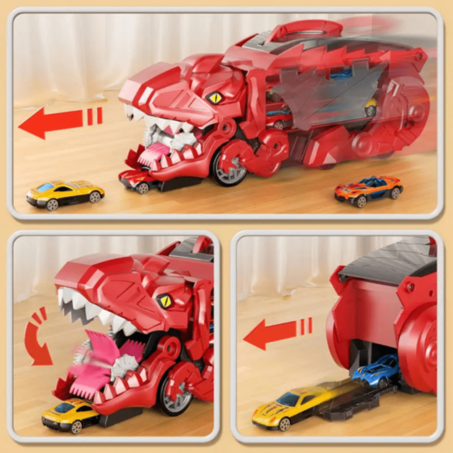 T-Rex Transportator cu 4 Mașinuțe Metalice – Dinozaur Transformabil (culoare aleatorie)  