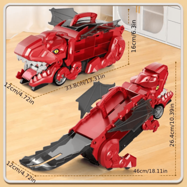 T-Rex Transportator cu 4 Mașinuțe Metalice – Dinozaur Transformabil (culoare aleatorie)  