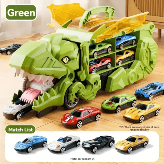 T-Rex Transportator cu 4 Mașinuțe Metalice – Dinozaur Transformabil (culoare aleatorie)  
