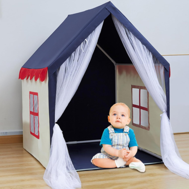 Căsuță de Joacă Tip Cort pentru Copii, cu Acoperiș Albastru și Draperii din Tulle