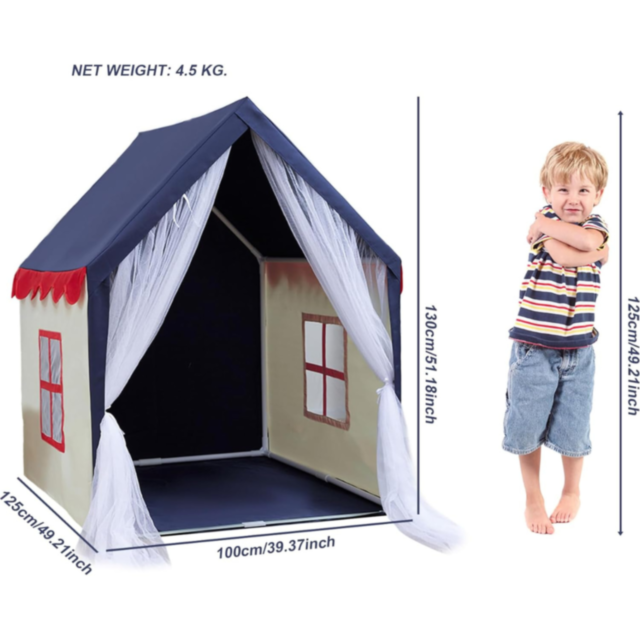 Căsuță de Joacă Tip Cort pentru Copii, cu Acoperiș Albastru și Draperii din Tulle