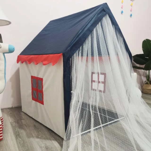 Căsuță de Joacă Tip Cort pentru Copii, cu Acoperiș Albastru și Draperii din Tulle