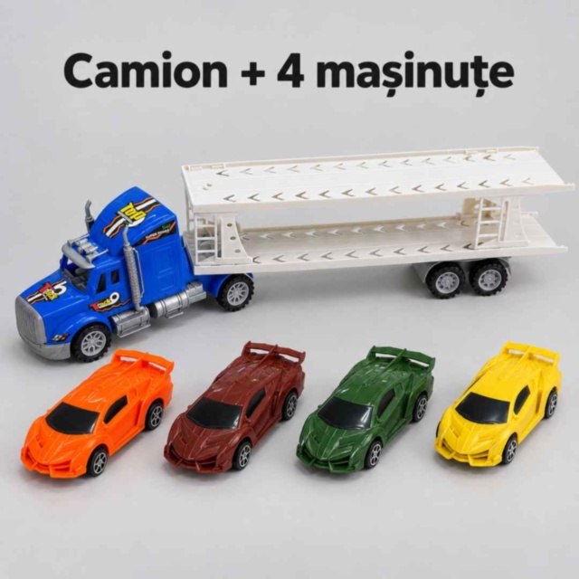 Camion transportor cu inerție și 4 mașinuțe sport incluse