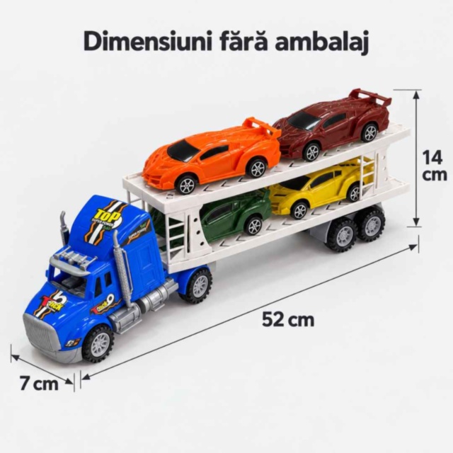 Camion transportor cu inerție și 4 mașinuțe sport incluse