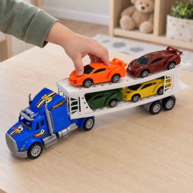 Camion transportor cu inerție și 4 mașinuțe sport incluse