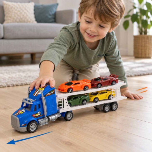 Camion transportor cu inerție și 4 mașinuțe sport incluse