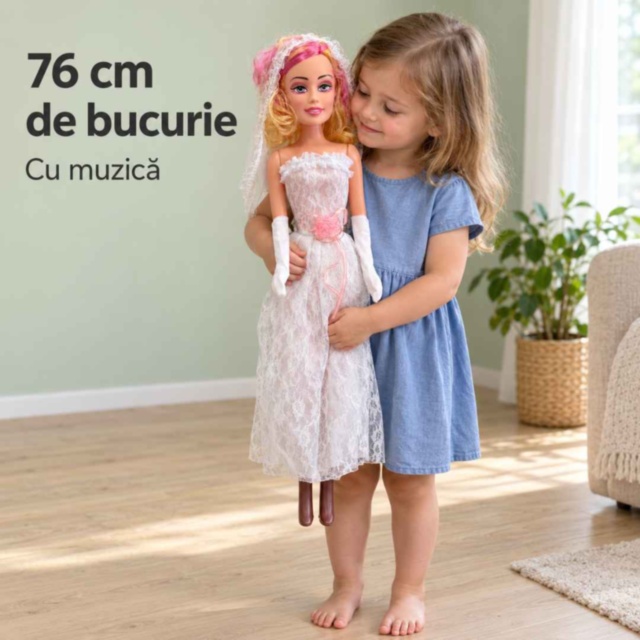 Păpușă mireasă muzicală de 76 cm, cu voal alb