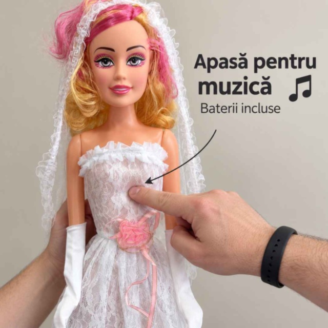 Păpușă mireasă muzicală de 76 cm, cu voal alb