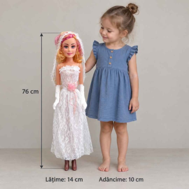 Păpușă mireasă muzicală de 76 cm, cu voal alb