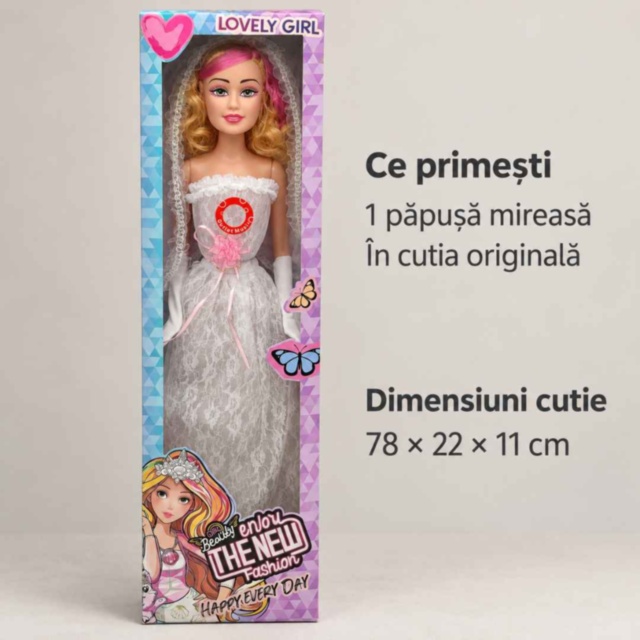 Păpușă mireasă muzicală de 76 cm, cu voal alb