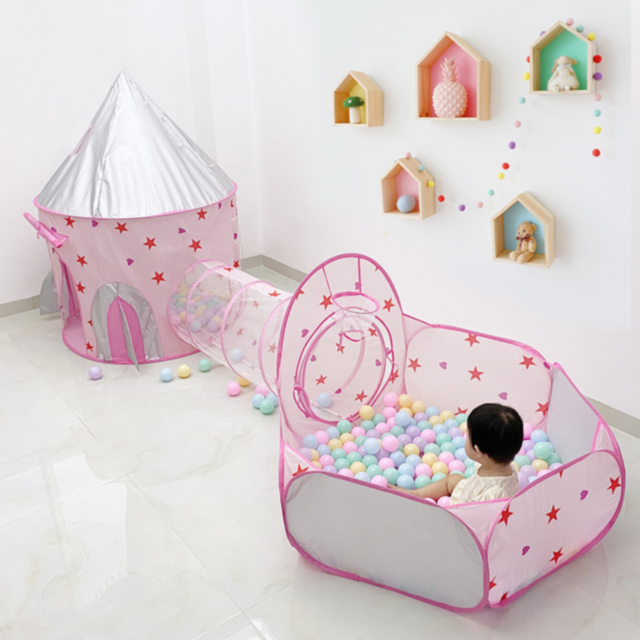 Set Cort Castel cu Tunel și Piscină de Bile, Roz, pentru Copii, Interior și Exterior