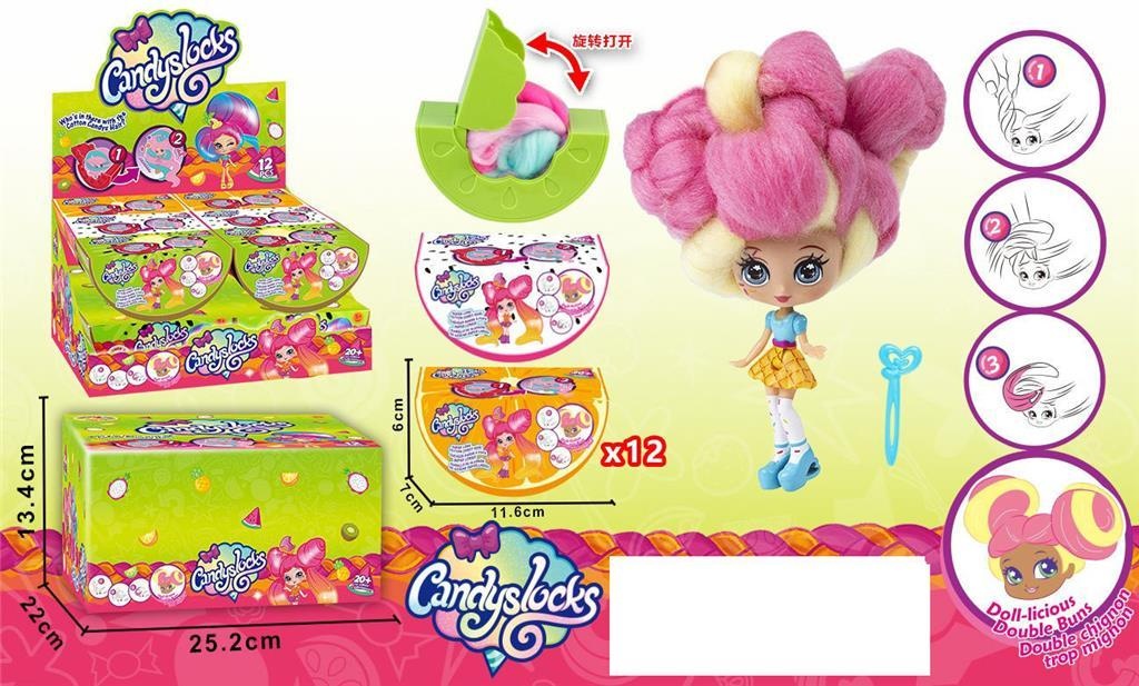 Păpușa Candylocks cu Părul de Vată de Zahăr, set 12buc