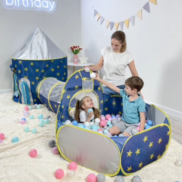 Set Cort de Joacă 3 în 1 pentru Copii, Castel Albastru cu Tunel și Piscină de Bile, Interior și Exterior