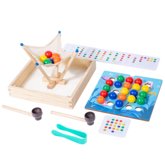 Joc Montessori din Lemn 3 în 1 – Prinde, Sortează și Potrivește Bile Colorate