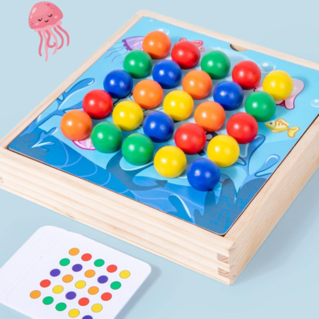 Joc Montessori din Lemn 3 în 1 – Prinde, Sortează și Potrivește Bile Colorate