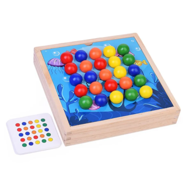 Joc Montessori din Lemn 3 în 1 – Prinde, Sortează și Potrivește Bile Colorate