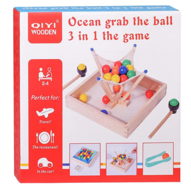 Joc Montessori din Lemn 3 în 1 – Prinde, Sortează și Potrivește Bile Colorate