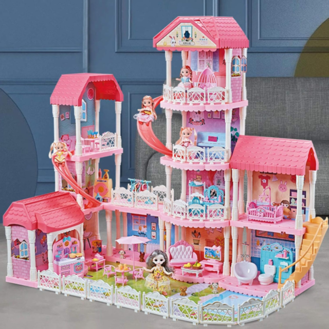 Căsuță de Păpuși cu 4 Etaje, Tobogane și Mobilier – Castel de Vis pentru Fetițe