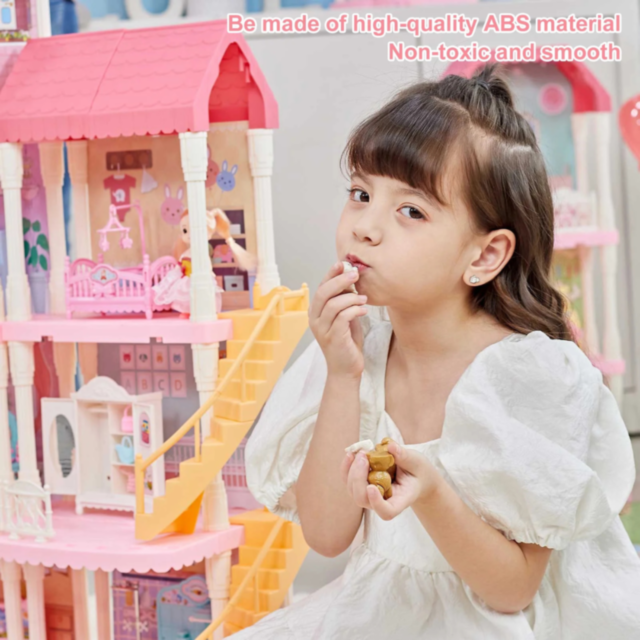 Căsuță de Păpuși cu 4 Etaje, Tobogane și Mobilier – Castel de Vis pentru Fetițe