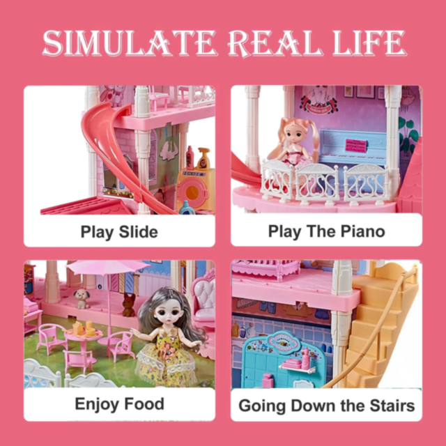 Căsuță de Păpuși cu 4 Etaje, Tobogane și Mobilier – Castel de Vis pentru Fetițe